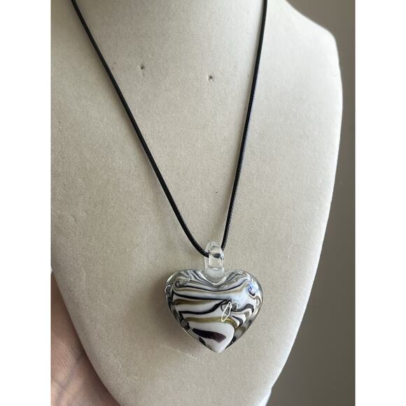 Unbranded Jewelry - Hand Blown Art Glass Puffy Heart Pendant Clear with Black & Gold Swirls
